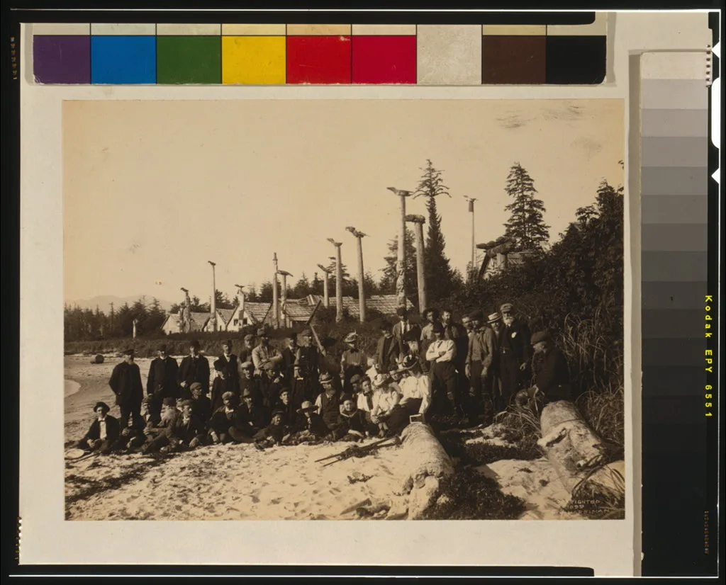 [Harriman Alaska Expedition members pose on beach at deserted Cape…, 1899