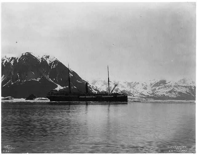 [Ship, GEORGE W. ELDER, in ice on bay with mountains behind, Alaska…, 1899
