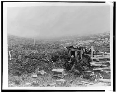 [Unidentified old man, seated, writing, at entrance to a log and…, Alaska, 1899