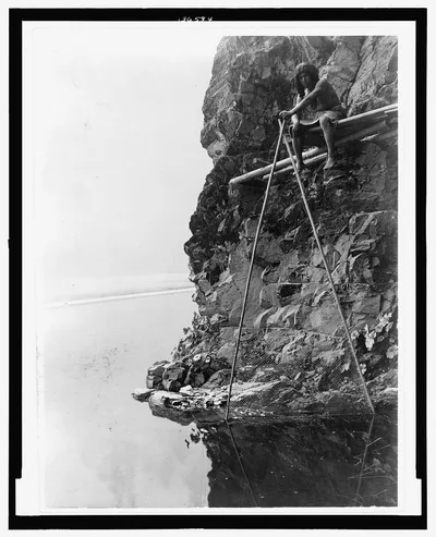 Fishing platform on Trinity River--Hupa, California, Trinity River, 1923