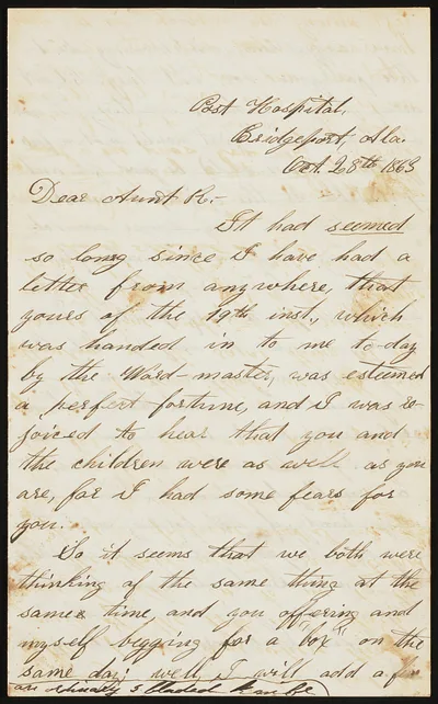 [Letter from Private Edward W. Curtis, Post Hospital, Bridgeport,…, 1863