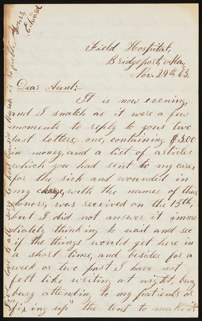 [Letter from Private Edward W. Curtis, Field Hospital, Bridgeport,…, 1863