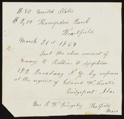 Photograph from 1864: [Receipt for money sent by Rachel W. Kingsley on…