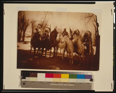 [Six tribal leaders (l to r) Little Plume (Piegan), Buckskin Charley…, 1900