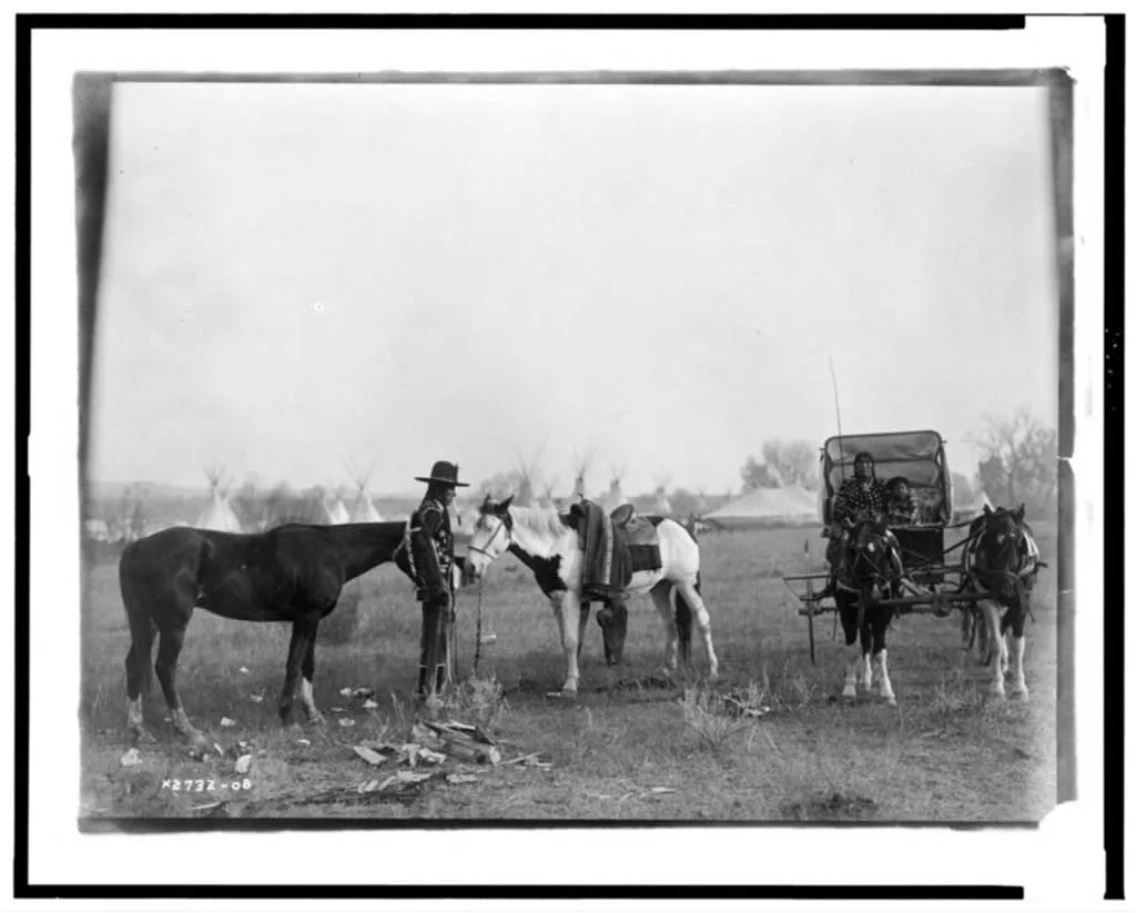 [High Medicine Rock, Crow Indian with two horses at left, Her Horse…, Montana, 1908
