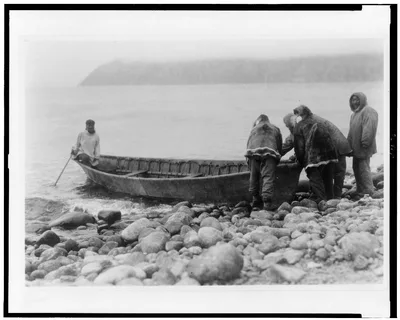 Photograph from 1928: Launching the boat--Little Diomede Island