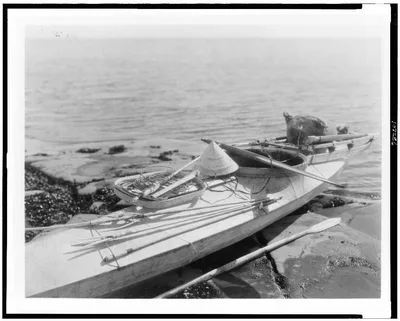 Kaiak with seal hunting equipment, Nunivak, Alaska, Nunivak Island, 1929