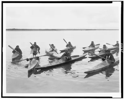 [Eskimos in kayaks, Noatak, Alaska], 1929